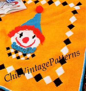 Childrens Clown Rug Crochet Pattern, Bed Afghan, Instant Download