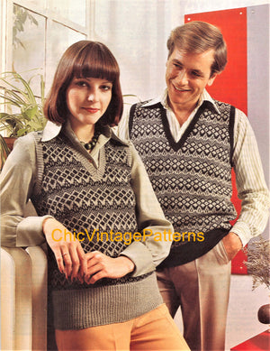 Ladies and Men's Vest Pattern, Knitted Fair Isle Slip Overs, Instant Download