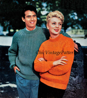 Knitted Sweaters, His & Her Fisherman's Rib Jumper Pattern, Instant Download