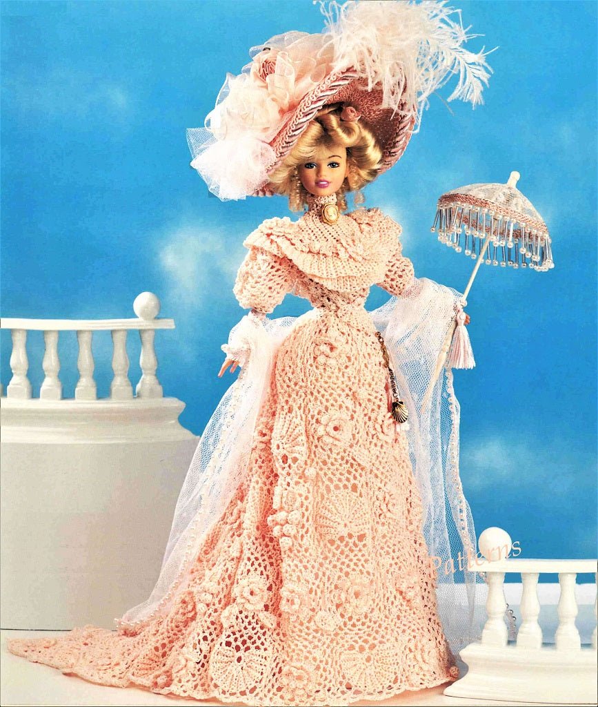 Crochet Doll's Dress Pattern, 11.1/2 inch Doll, Irish Lace Period Gown, Instant Download