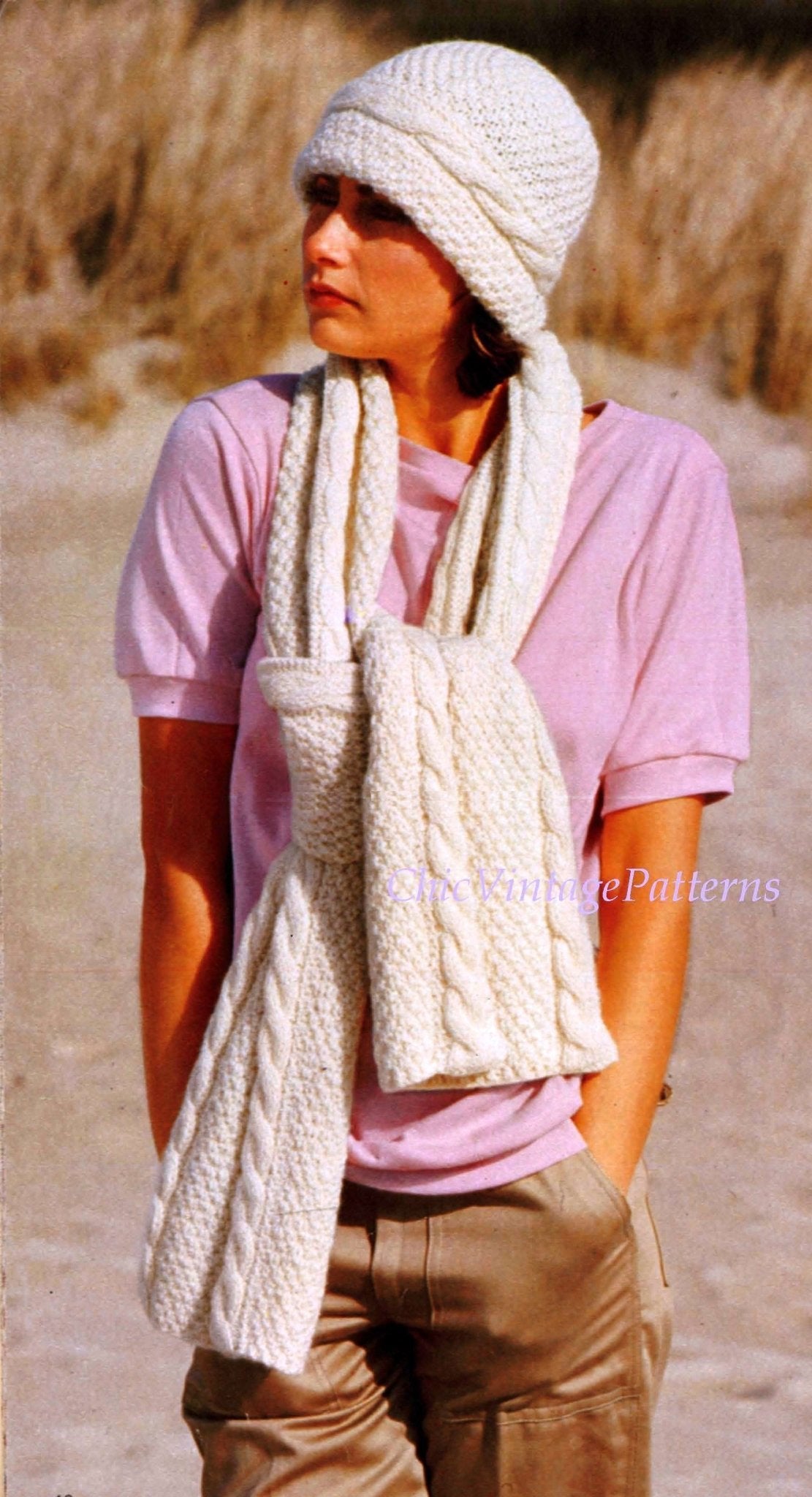 Knitted Hat and Scarf Pattern, Cable and Irish Moss Stitch, Instant Download