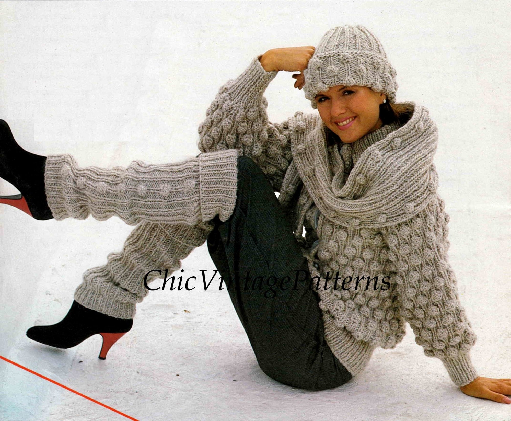 Ladies Knitted Jacket, Hat, Scarf, Leg Warmers, Instant Download