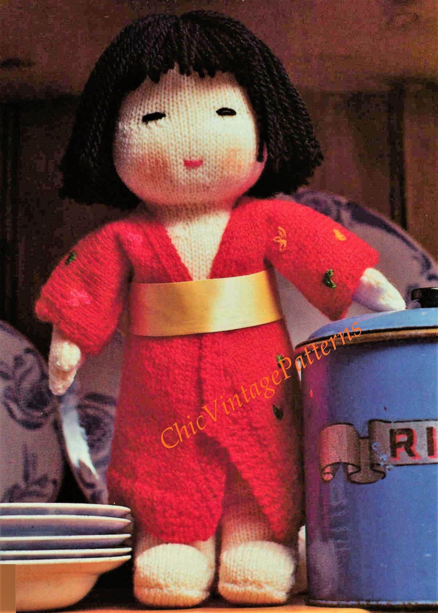Japanese Doll Knitting Pattern, Soft Toy Doll, Instant Download