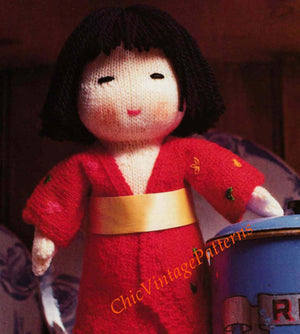 Japanese Doll Knitting Pattern, Soft Toy Doll, Instant Download