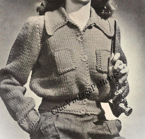 Ladies Jeep Jacket Pattern, 1940's, Easy Fast Knit, Instant Download