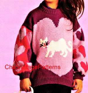 Girl's Heart and Cat Knitted Jumper Pattern, Digital Download