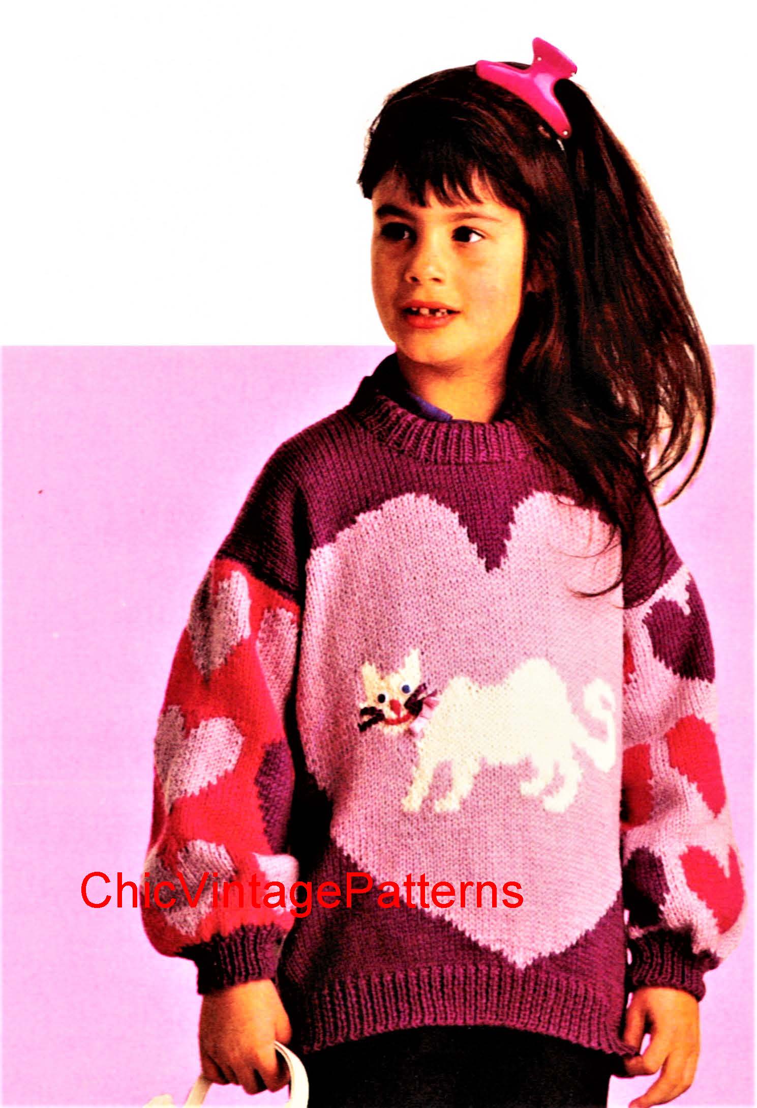 Girl's Heart and Cat Knitted Jumper Pattern, Digital Download