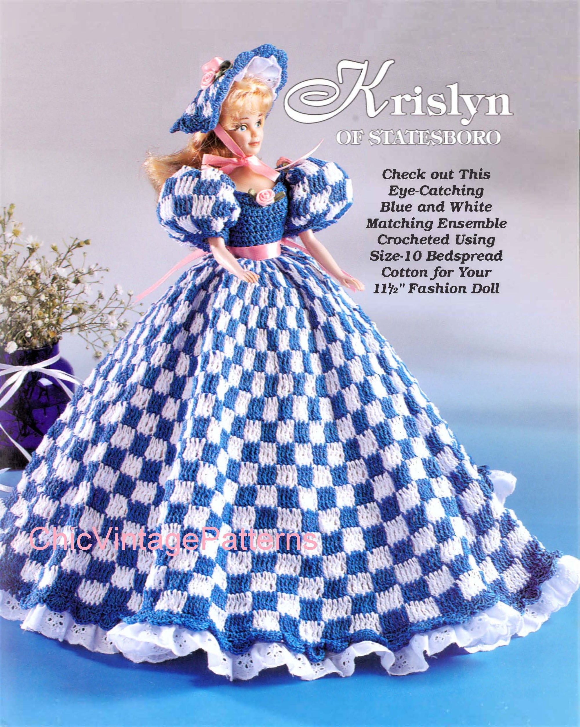 Crochet Doll's Period Day Dress Pattern, 11.1/2 inch Fashion Doll, Instant Download