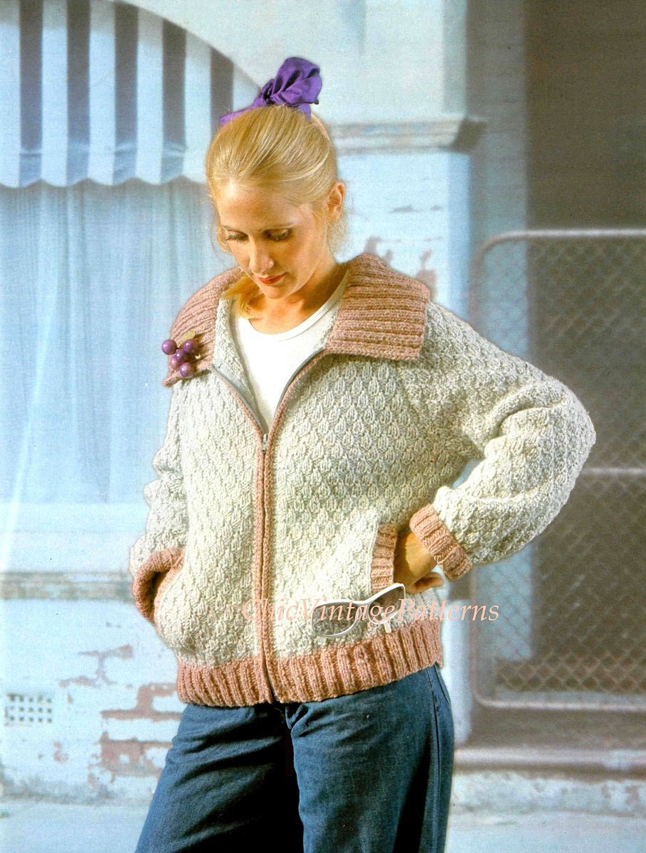 Ladies Knitted Sports Jacket Pattern, Chunky Bomber Style, PDF Knitting Pattern