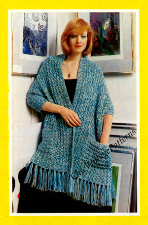 Ladies Knitted Wrap Pattern, Knitted Fringed Shawl, Digital Download