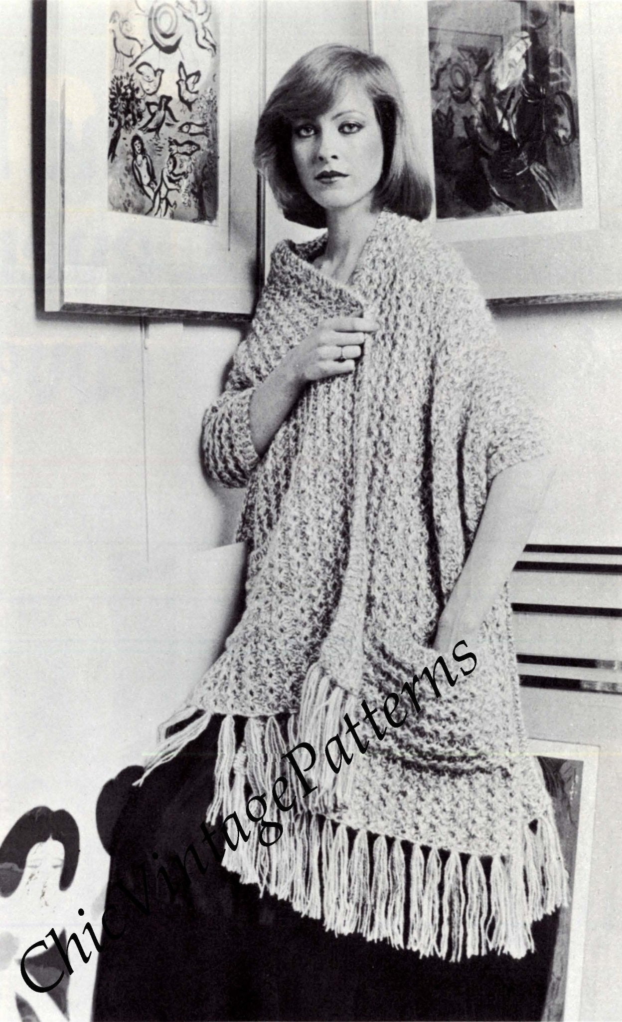 Ladies Knitted Wrap Pattern, Knitted Fringed Shawl, Digital Download