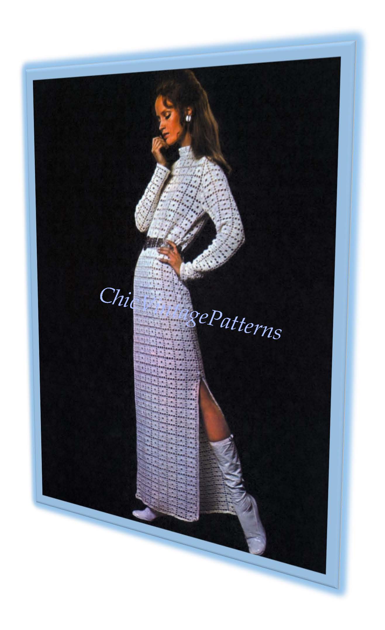 Ladies Crochet Dress Pattern, Long Retro Dress, Instant Download