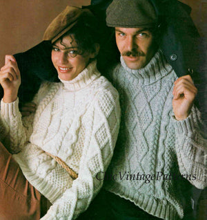 Aran Sweater Knitting Pattern, His & Her Jumpers, Classic Polo Neck, Instant Download