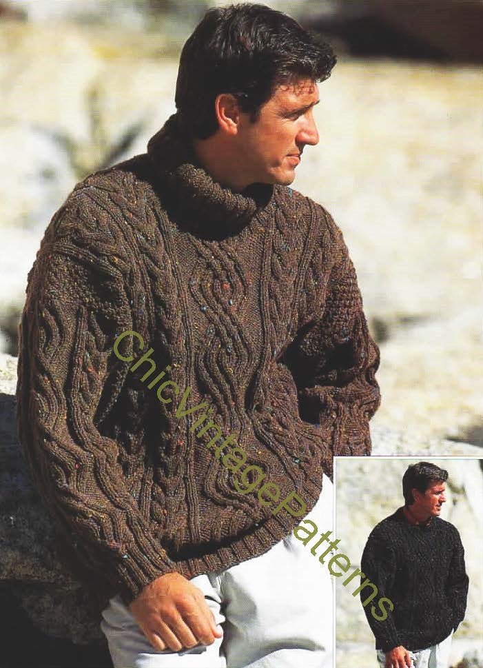 Classic Mens Knitted Sweater, Traditional Aran Pattern