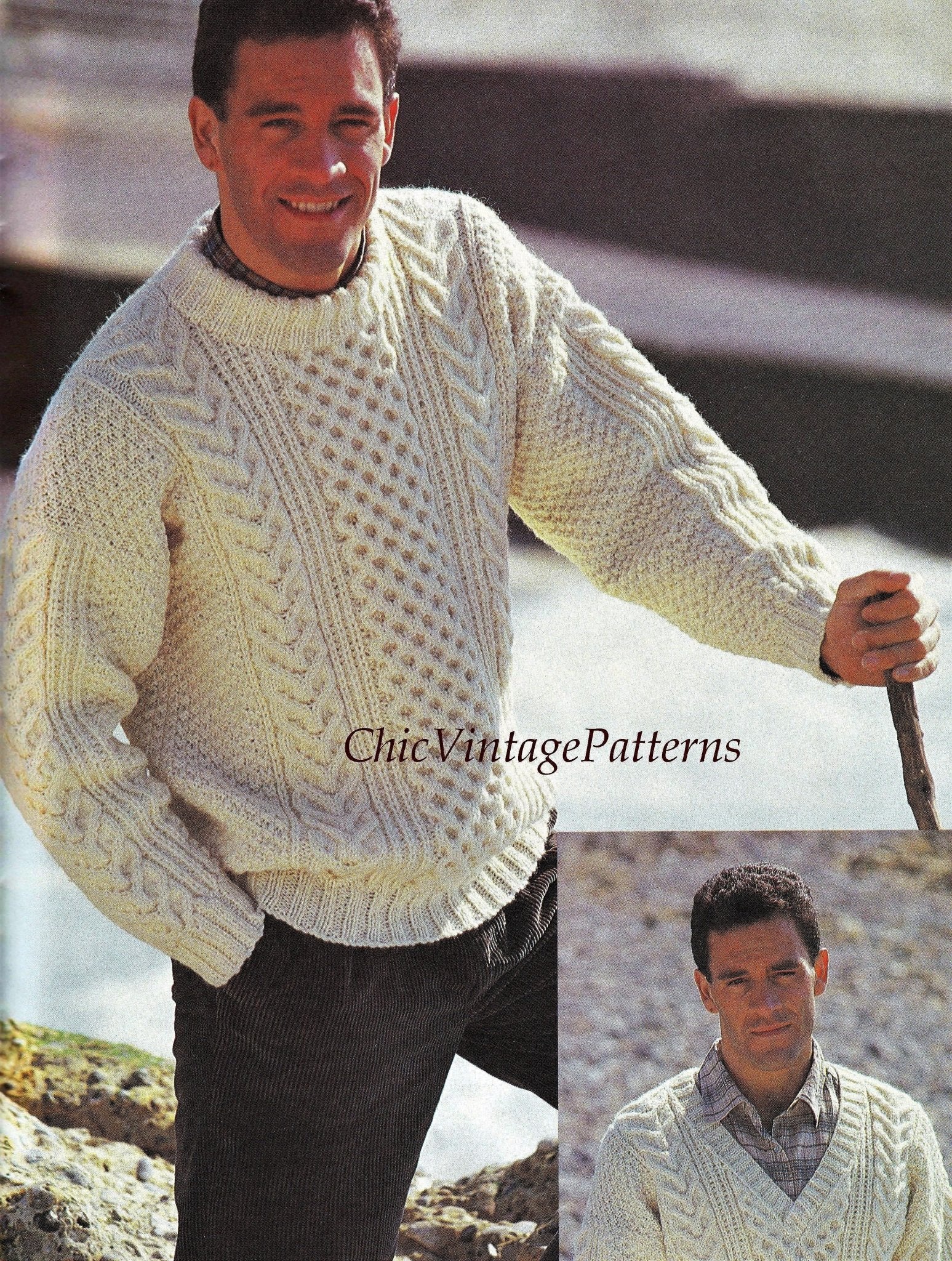 Men's Knitted Sweater Pattern, Traditional Aran, Instant Download