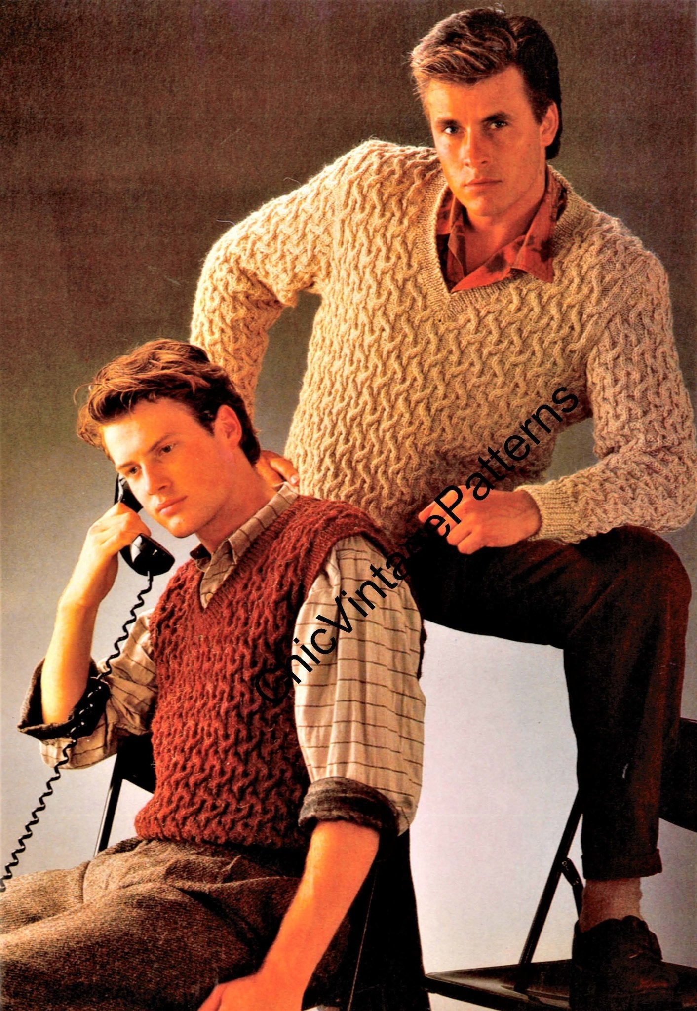 Men's Knitted Sweater and Vest Pattern, Classic Cable, Instant Download
