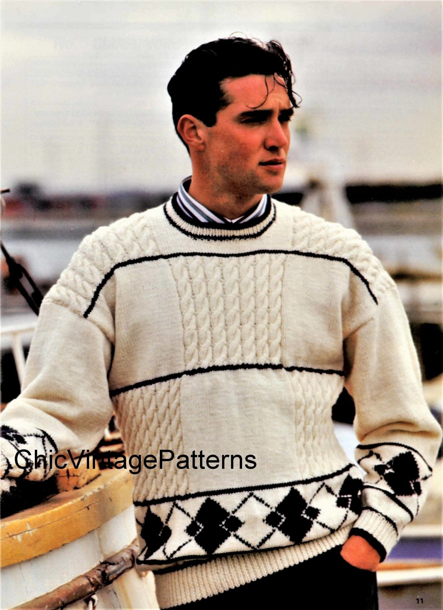 Mens Knitted Cable and Argyle Jumper Pattern, Vintage Sweater, Instant Download Pattern