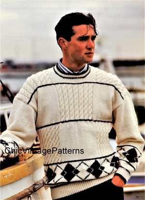 Mens Knitted Cable and Argyle Jumper Pattern, Vintage Sweater, Instant Download Pattern
