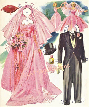 Paper Doll Book, The Pink Wedding, 1950's, Instant Download