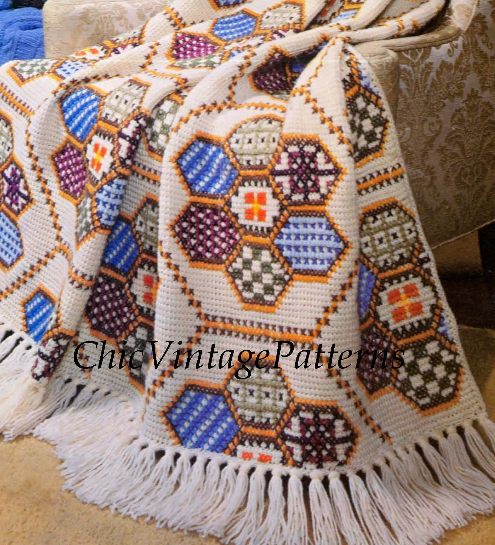 Crochet Afghan Pattern, Patchwork Embroidered Rug, Instant Download