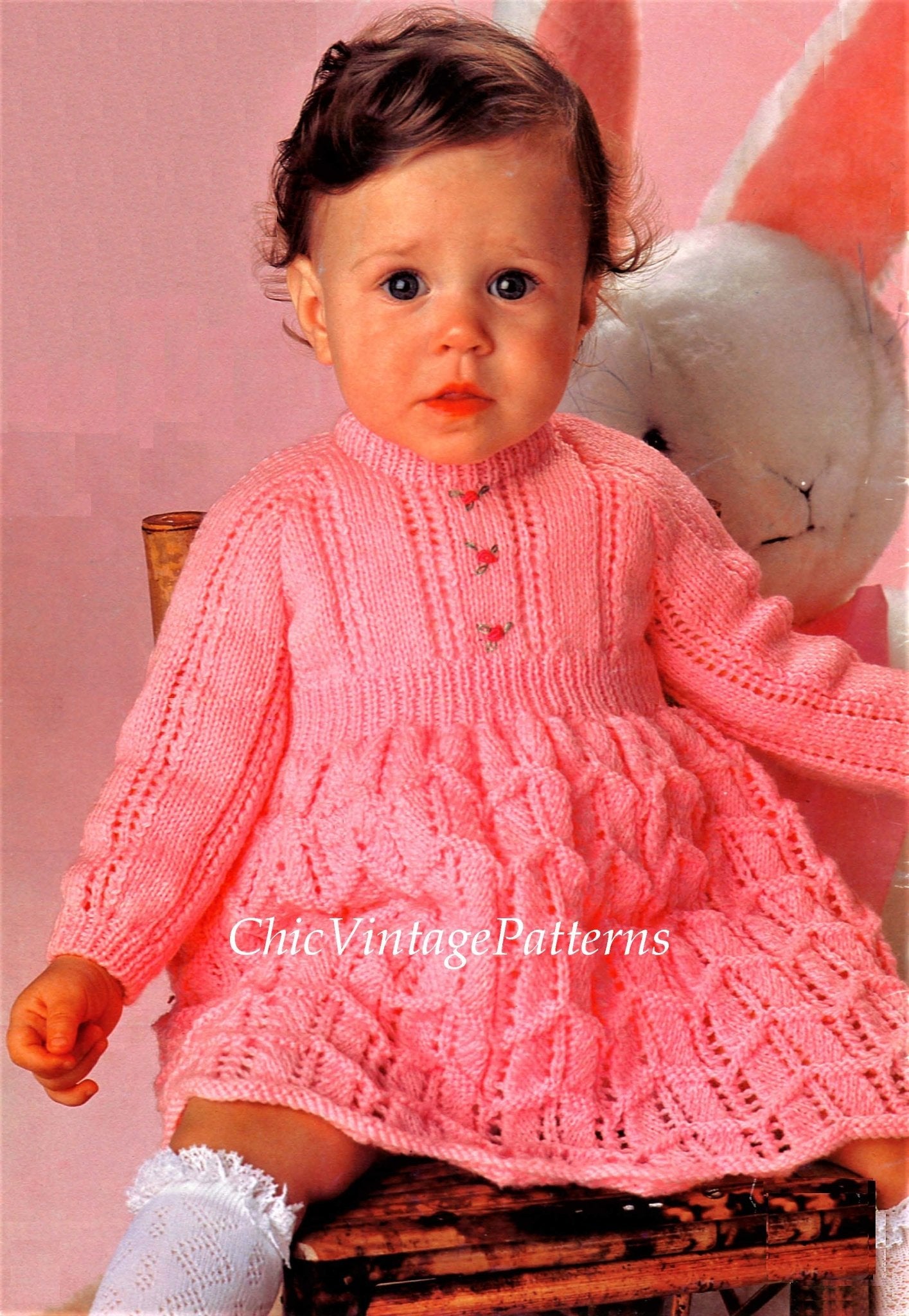 Babies Knitted Dress Pattern, Instant Download, 3 Sizes Babies Knitted Dress Pattern, Instant Download, 3 Sizes