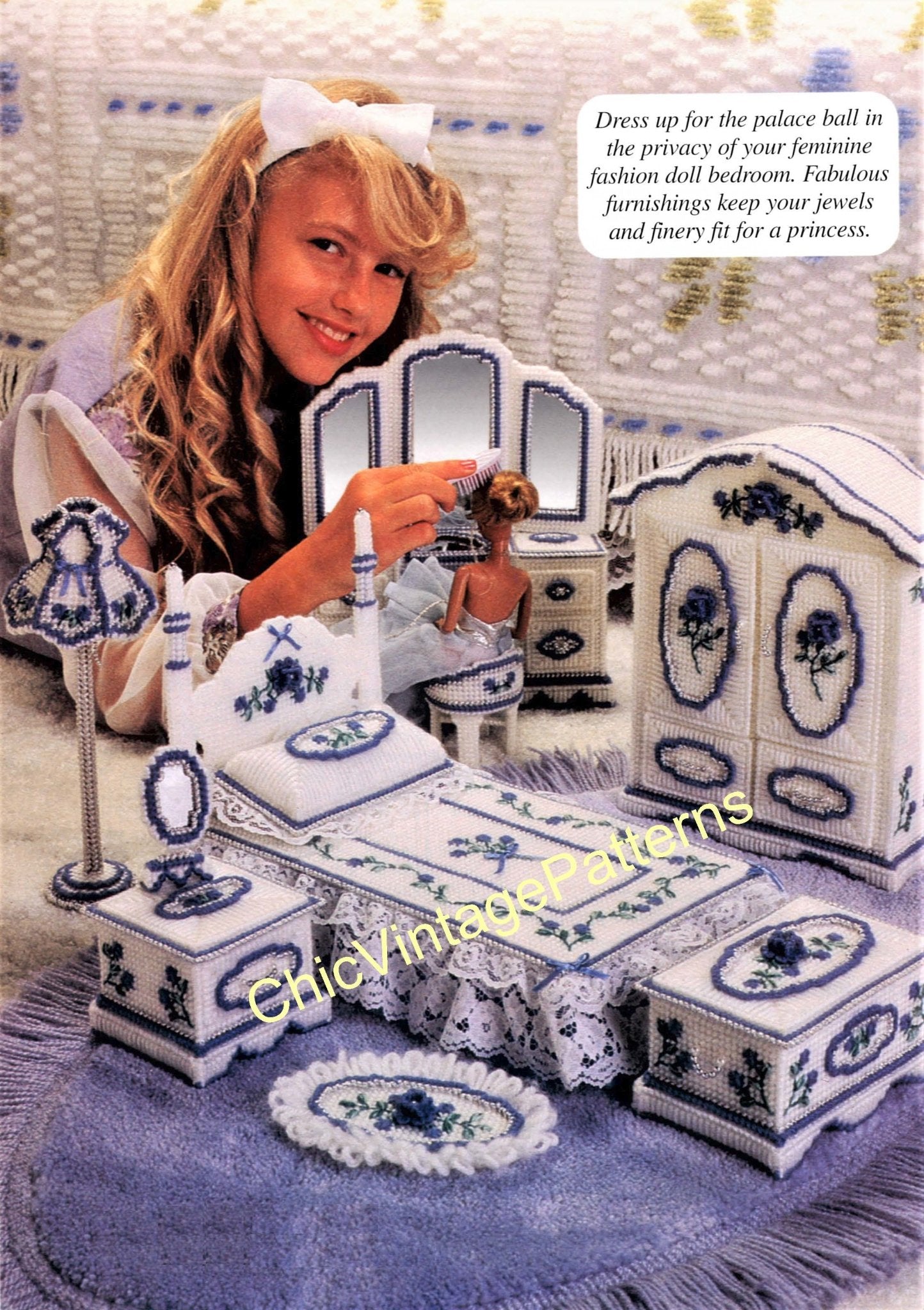 Plastic Canvas Fashion Doll Bedroom Pattern | ChicVintagePatterns plastic-canvas-fashion-doll-bedroom-pattern-chicvintagepatterns