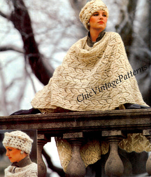 Knitted Poncho and Crochet Hat Pattern, Lacy Pattern, Instant Download