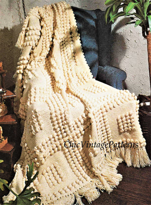 Knitted Afghan Rug, Popcorn Square Afghan, Instant Download Pattern