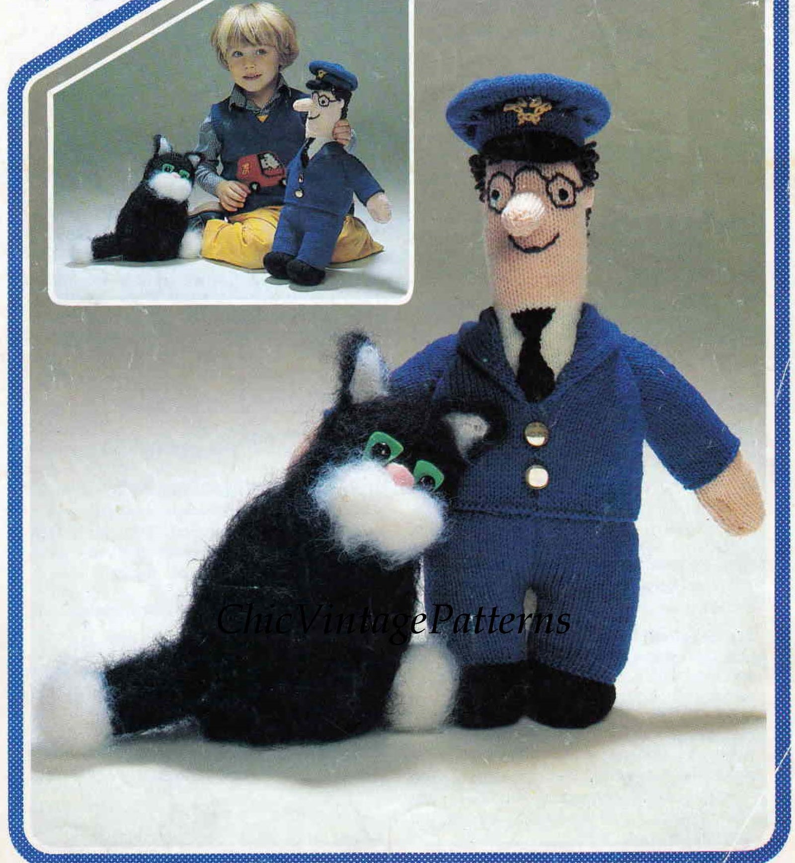 Postman Pat and Cat Knitting Pattern, Instant Download