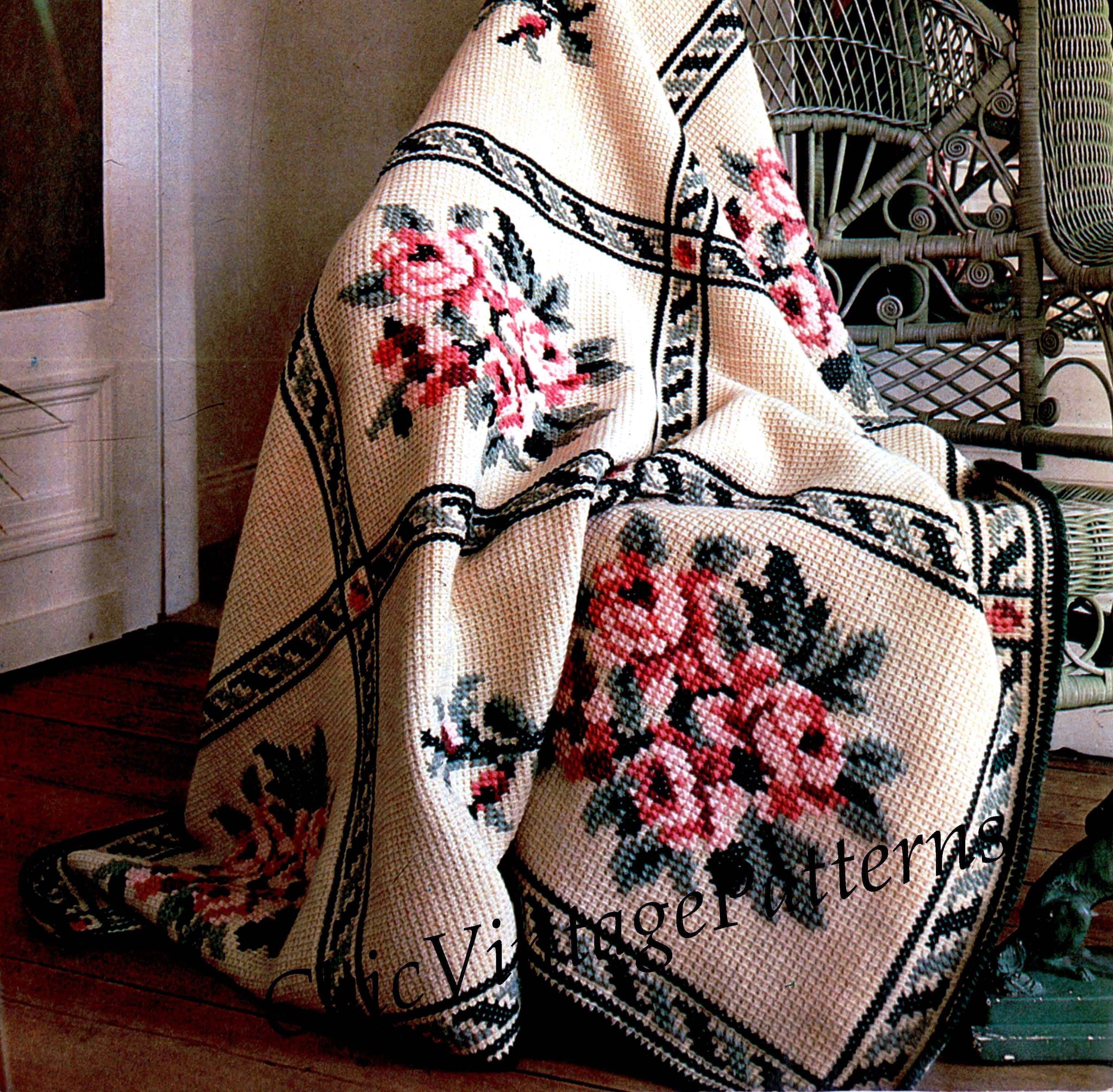 Cross Stich Rug Afghan Rug Crochet and Cross Stitch Pattern | ChicVintagePatterns