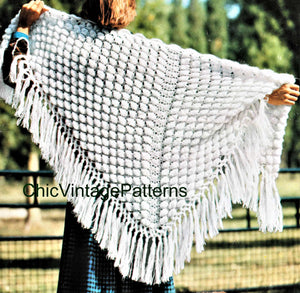 Crochet Shawl Pattern, Vintage Fringed Triangular Wrap, Digital Download
