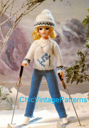 Knitted Doll's Ski Outfit Pattern, 11 inch Doll, Instant Download, Fashion Doll