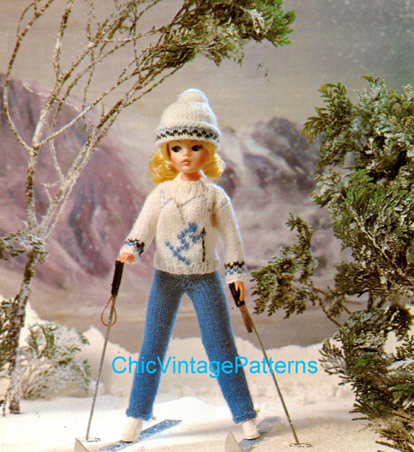 Knitted Doll's Ski Outfit Pattern, 11 inch Doll, Instant Download, Fashion Doll