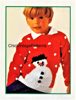 Children's Snowman Knitted  Jumper Pattern, Digital Download