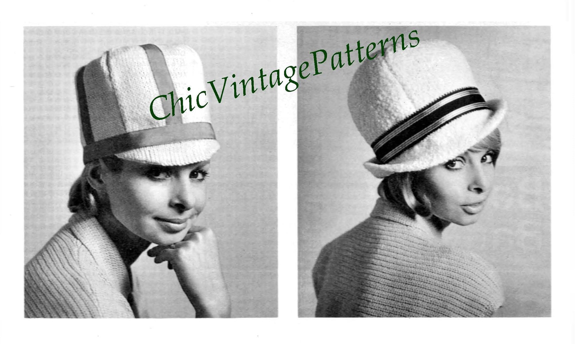 1960's Ladies Knitted Hat Pattern, Two Styles, Instant Download