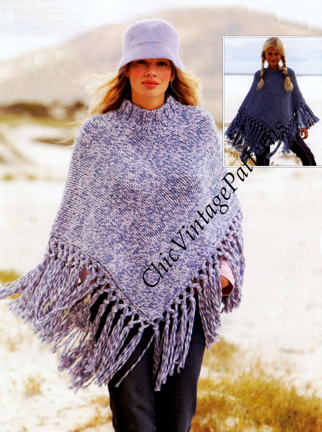Knitted Poncho Pattern, Ladies and Girls Fringed  Poncho, Digital Download