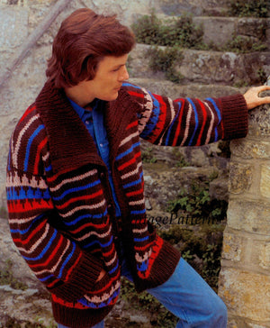 Men's Striped Jacket Pattern, Retro Knitted Men's Jacket,  Instant Download