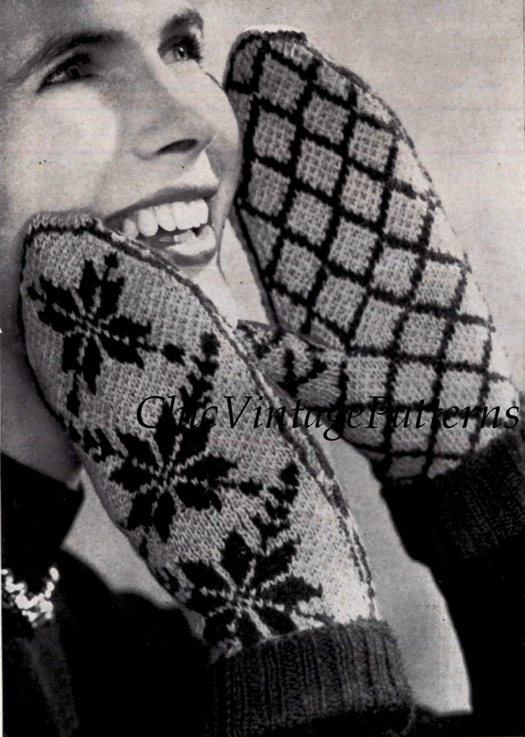Fair Isle Mittens, Ladies Pattern, 1950's Knitted Norwegian Mittens,  Instant Download
