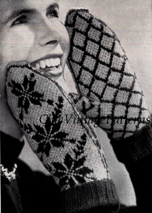 Fair Isle Mittens, Ladies Pattern, 1950's Knitted Norwegian Mittens, Instant Download