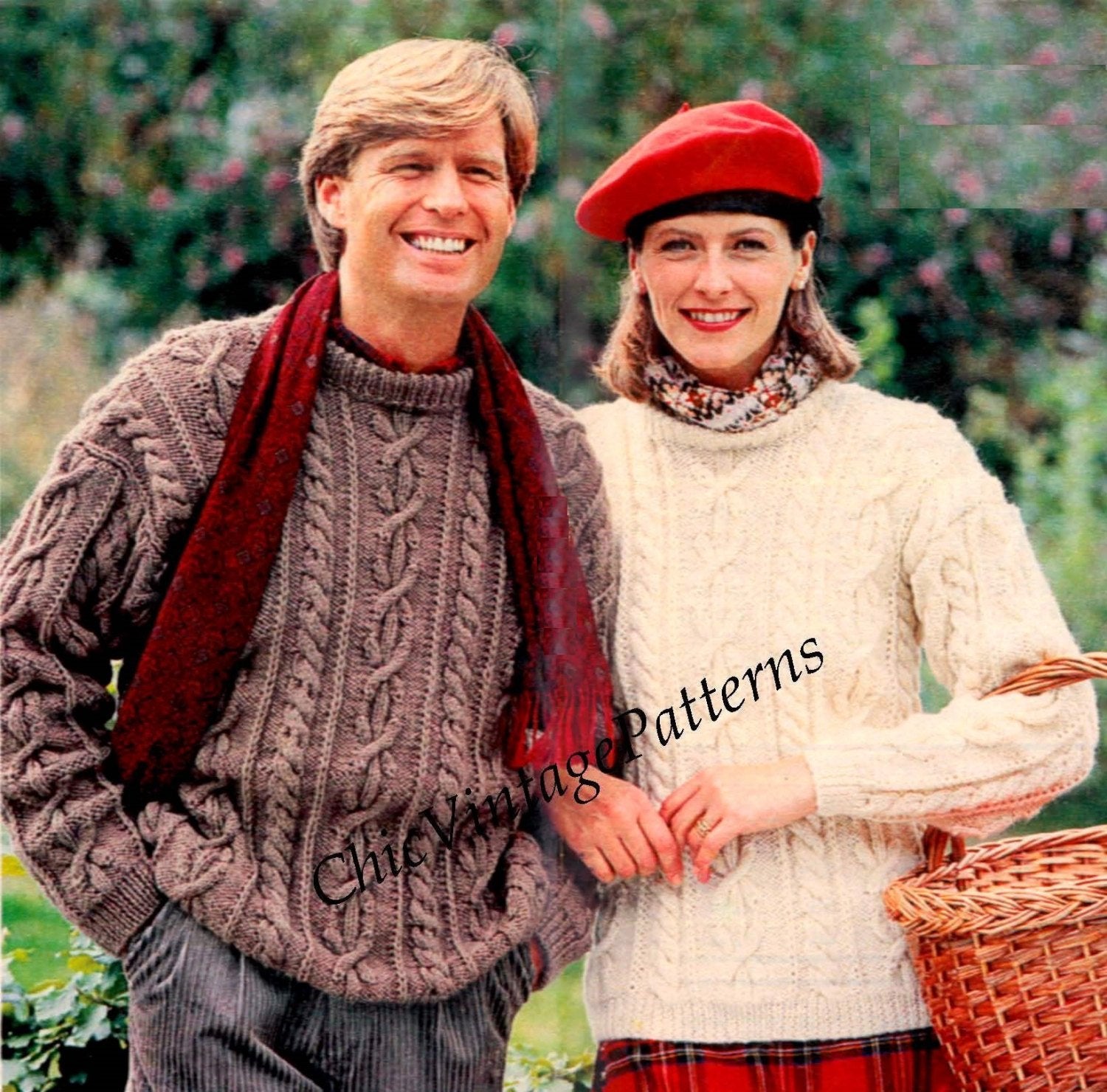 Aran Sweaters, His & Her Jumper Knitting Pattern, Classic Crew Neck, Instant Download