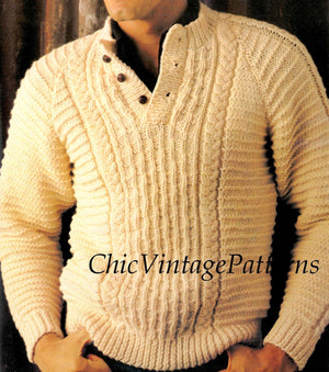 Mens Knitted Sweater Pattern, Classic Vintage Cable, PDF Knitting Pattern