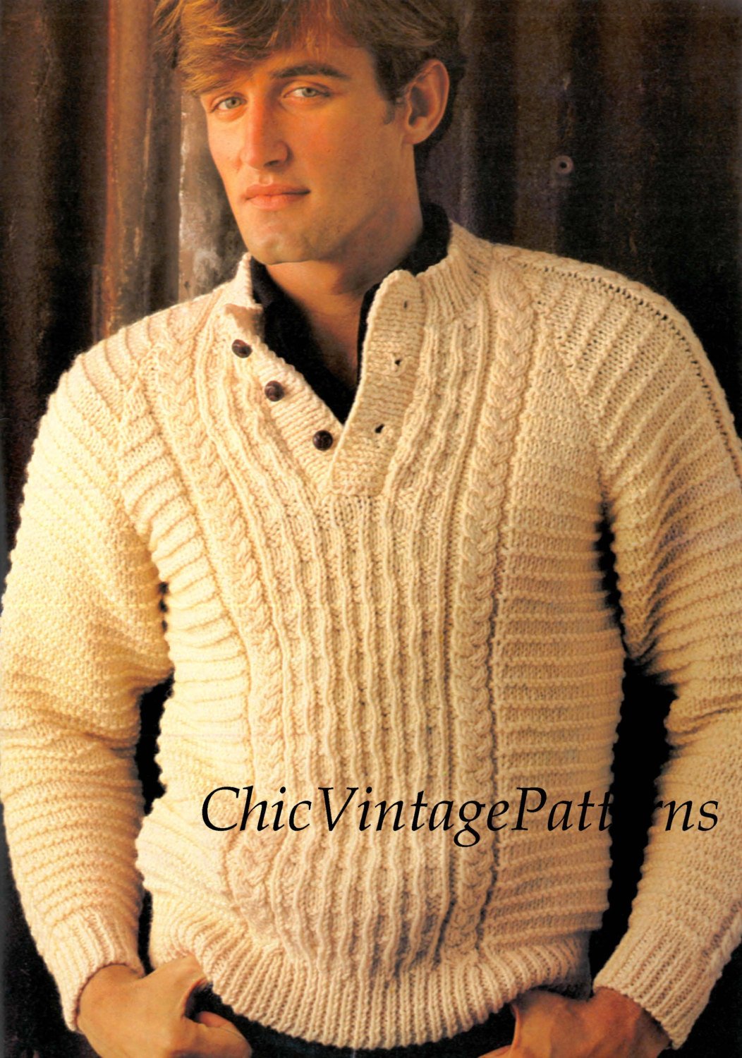 Mens Knitted Sweater Pattern, Classic Vintage Cable, PDF Knitting Pattern
