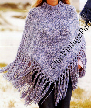 Knitted Poncho Pattern, Ladies and Girls Fringed  Poncho, Digital Download