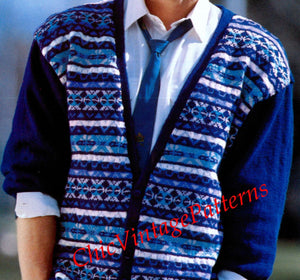 Knitted Men's Cardigan Pattern, Fair isle Men's Jacket, Instant Download