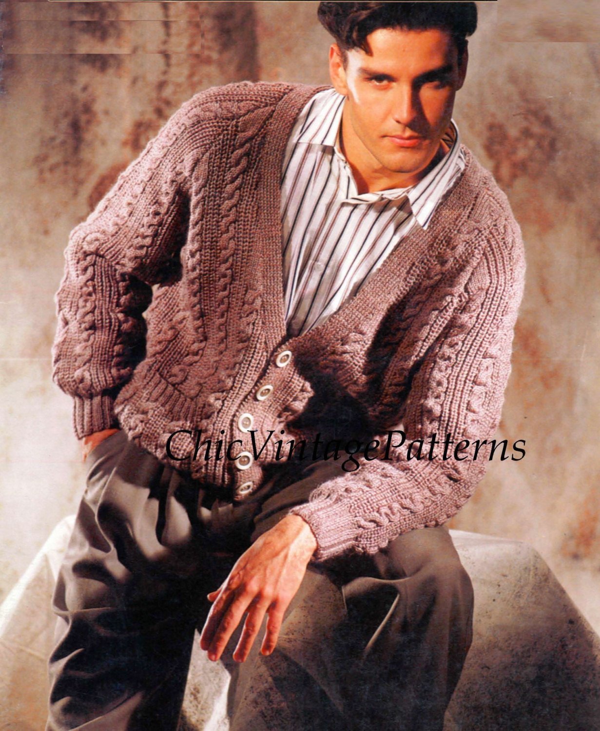 Knitted Men's Cardigan Pattern, Cable | ChicVintagePatterns