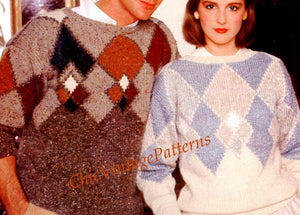 Ladies and Men's Sweater Pattern, Knitted Argyle Pullovers, Instant Download