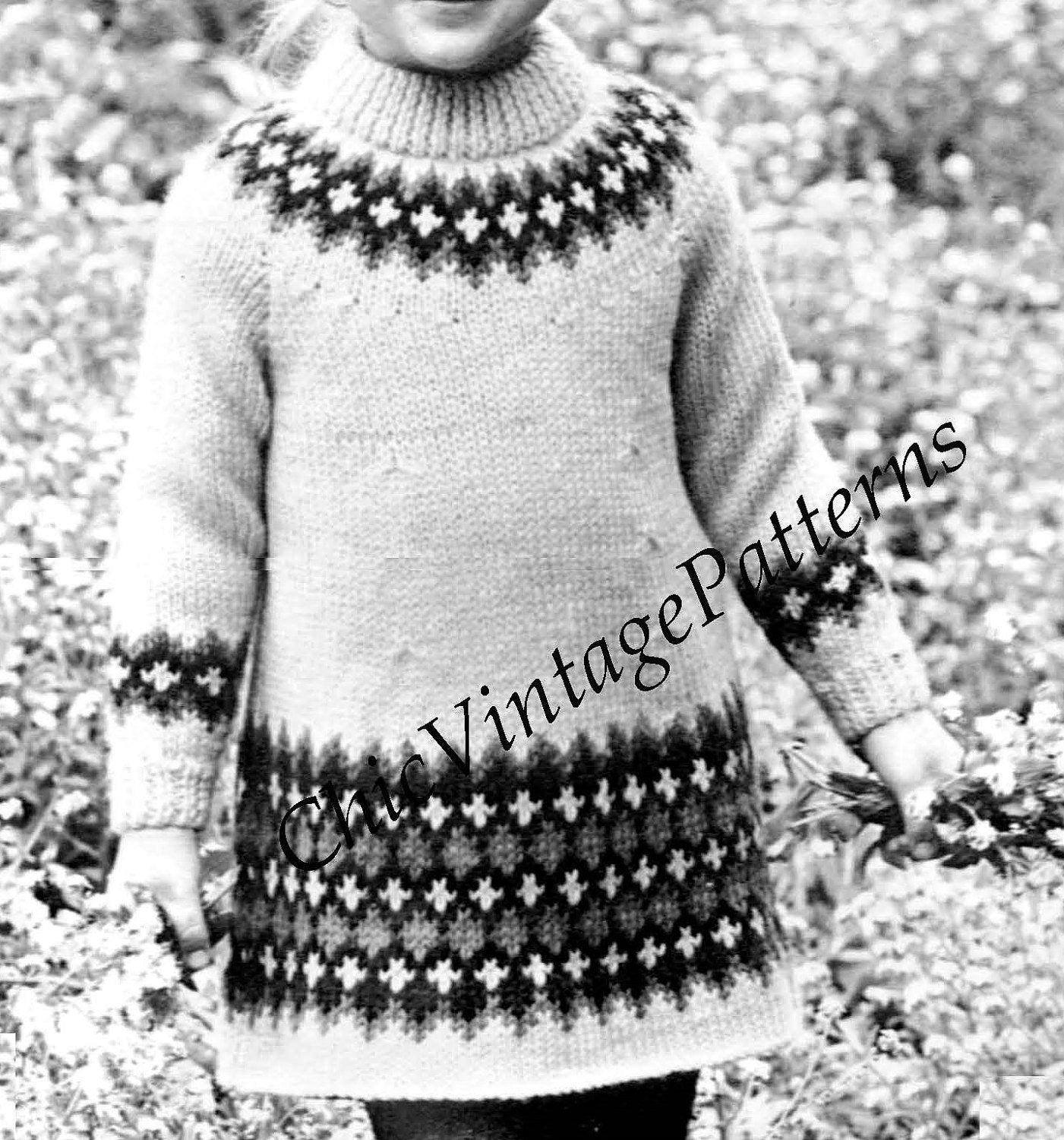 Girl's Knitted Dress Pattern, Fair isle Trim | ChicVintagePatterns Girl's Knitted Dress Pattern, Fair isle Trim | ChicVintagePatterns
