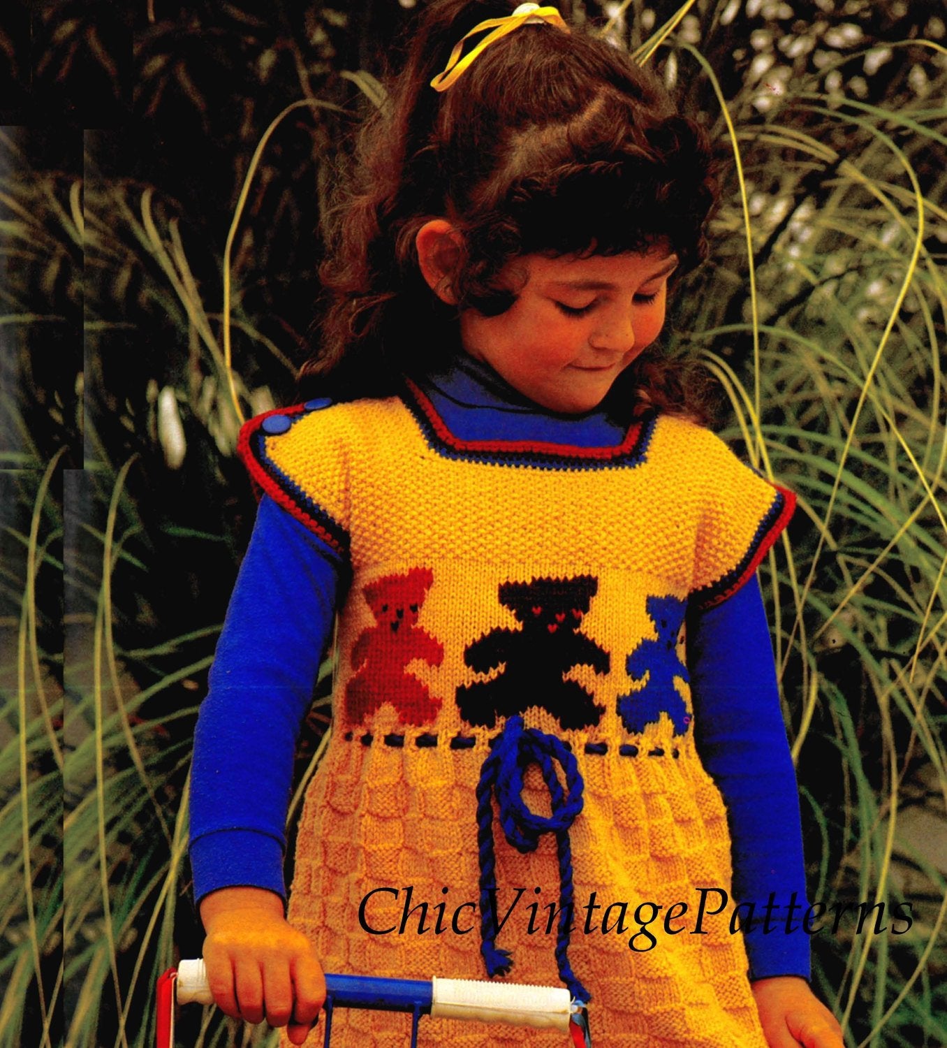 Fair isle Trim Girl's Knitted Dress, Goldilocks Dress, Instant Download