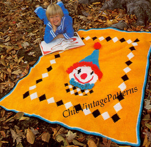 Childrens Clown Rug Crochet Pattern, Bed Afghan, Instant Download