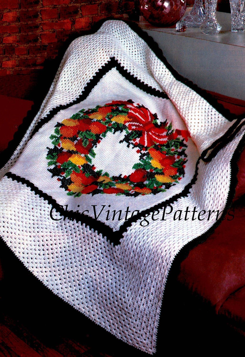 Crochet Afghan Rug Pattern, Christmas Wreath Afghan, Instant Download